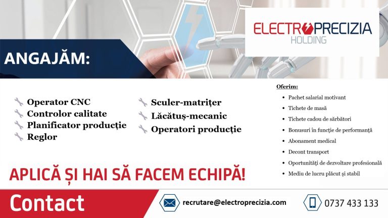Companie din Săcele angajează pentru pozițiile: Operator CNC, Controlor calitate, Planificator producție, Reglor, Sculer-matrițer, Lăcătuș-mecanic și Operatori Producție